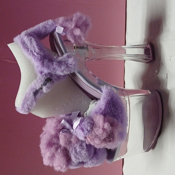 Dolls Kill Sugar Thrillz Purple Fur Plush Poodle Clear Acrylic Platform Heels 8 - Picture 3 of 16